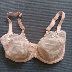 Elomi Lucie Bra Women 34I Peach Excellent Lace Mesh Underwire Plunge EL4382BAK